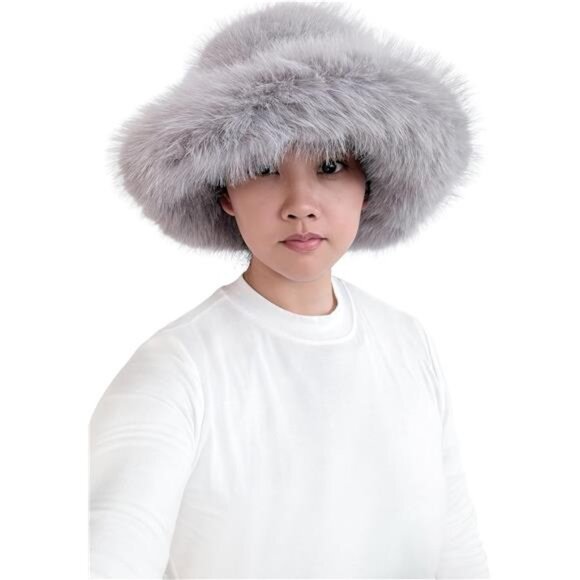 Oversized Winter Faux Fur Bucket Hat for Women Light Gray - Picture 2 of 5